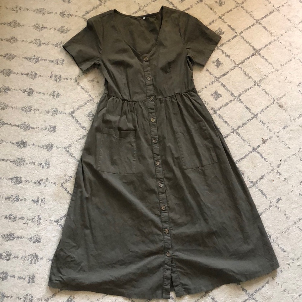 Olive green cotton/spandex button down midi dress